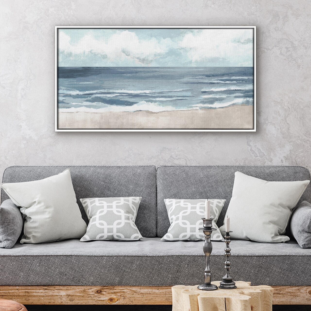 Americanflat Canvas Wall Art Featuring Beige Sand, Blue Ocean and White Sky - Coastal Beach Wall Art